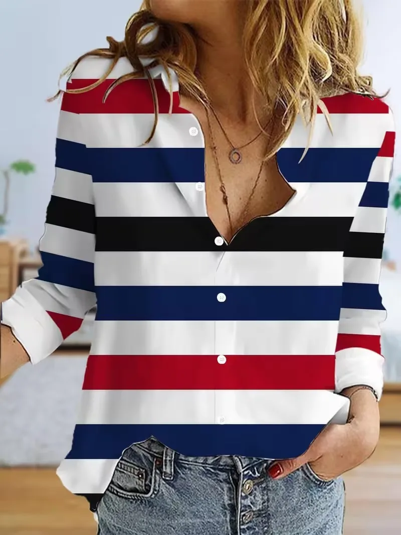 Colorful striped printed shirt, women's autumn long sleeved lapel button casual loose shirt, fashionable and personalized top