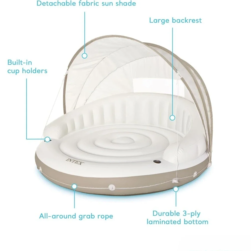 عوامة حمام سباحة قابلة للنفخ على شكل جزيرة المظلة: سطح صالة مريح، حاملات أكواب مدمجة، مظلة شمسية قابلة للفصل