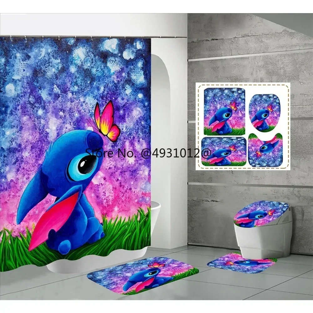 Disney Lovely Lilo Stitch Shower Curtains Set 4pcs Waterproof Bathroom Curtain Pedestal Rug Lid Toilet Cover Bath Mat Kids Gift