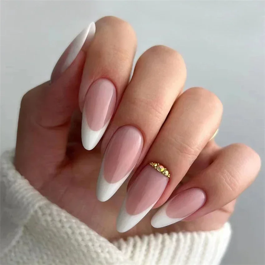 24PCS Pure Simple French Almond Wear Fake Nails Full Coverage Acrylic False Nails White Edge Removable Press on Nail Art Tips