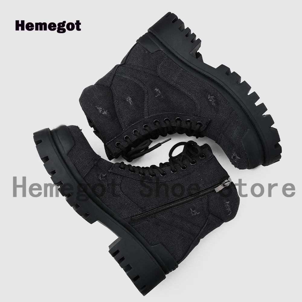 Black Grey Denim Men\'s Boots Designer Stylish Lace-Up Booties Males High-Top Wear-Resistant Luxurious Handmade Men\'s Shoes