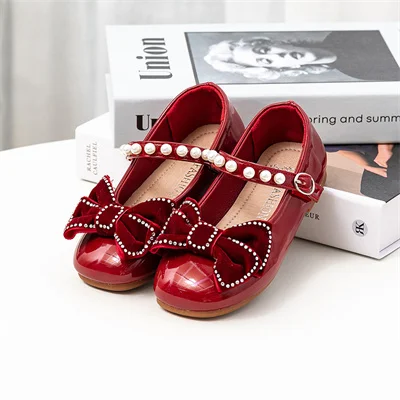 Pearl Bow Line with Girls Round Toe Leather Shoes Burgundy/black, Girls 2024 Spring Sweet PU Leather Shoes, Size 24-33