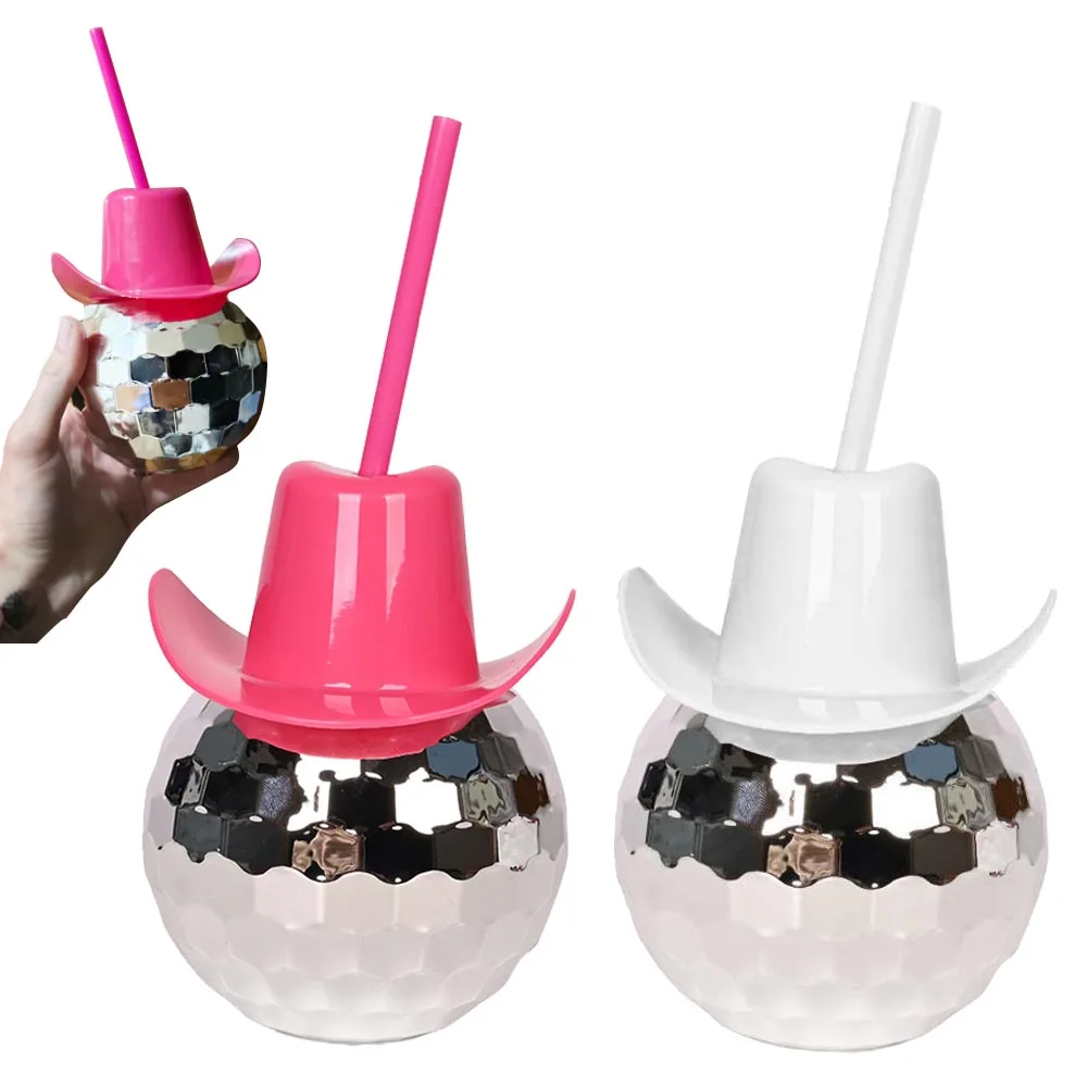 

Disco Ball Pink Cowgirl Hat Cups with Straws Disco Ball Cups Silver Disco Cups with Lid and Straw Cowboy Western Party Supplies