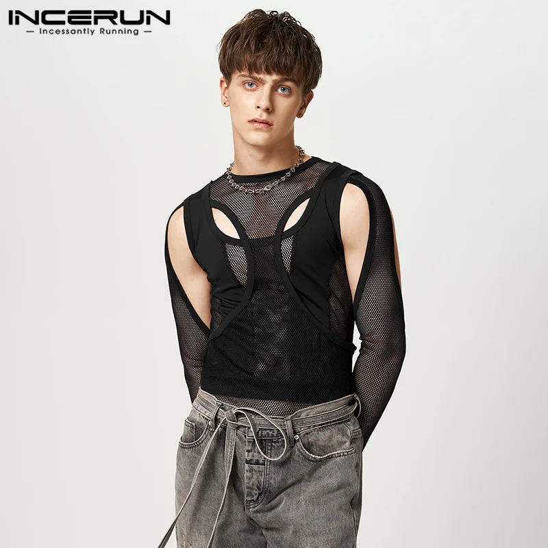 INCERUN Men T Shirt Mesh Patchwork Transparent O-neck Long Sleeve Fashion Tee Tops Men 2023 Streetwear Hollow Out Sexy Camisetas