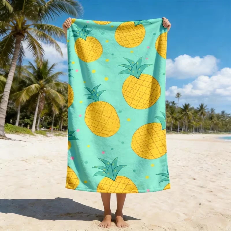Cute Pineapple Blue White Striped Beach Towel Tropical Fruit Print Sand-Free Towel Summer Vacation Travel Use