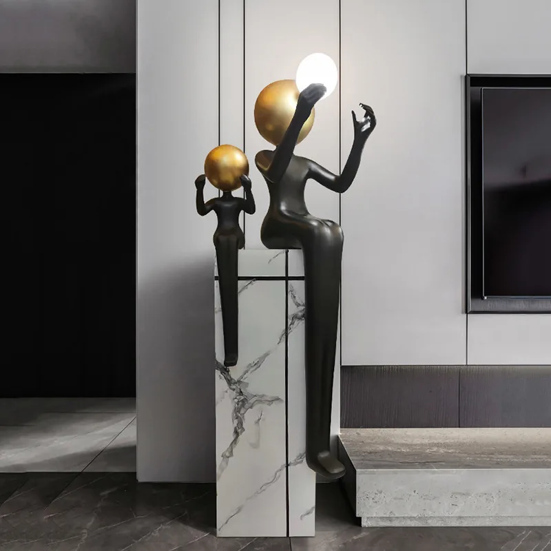 H63 Inch Artistic Figure Sculpture Floor Lamp Gallery Humanoid Floor Lamp Ornaments Double Headed Ball Holding Luxury Ornaments