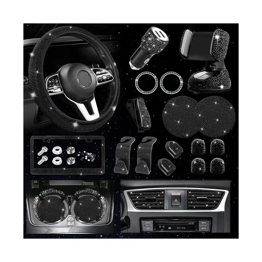 

Bling Car Accessories Set for Women, 15 Inch Reinestone Crystal Steering Wheel Covers License Plate Frame USB Charger Phone Hold