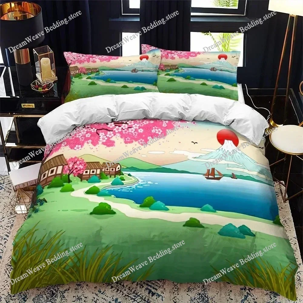 Japanese-Style Duvet Cover Set King Queen Full Size Ukiyo-e Theme Wave Pattern Polyester Bedding Set Fuji Mountain Exotic Style