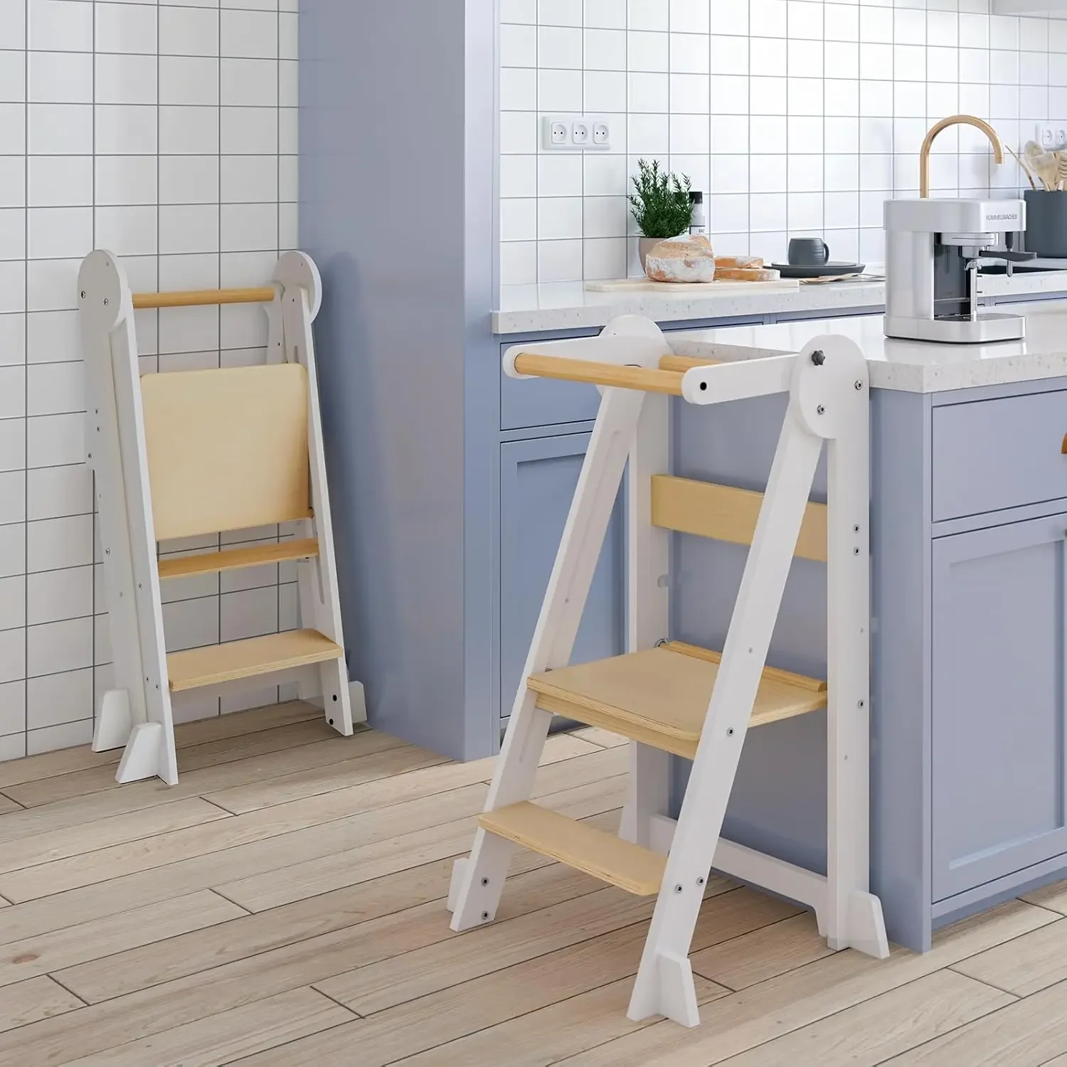

Foldable Toddler Standing Tower, Height Adjustable Kitchen Tower with Safety Rails and Anti-Slip Device, Wooden Kids Kitchen Sto