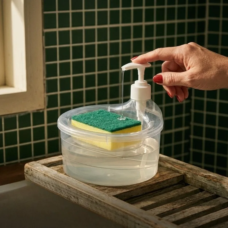 7pcs/set (1pc Hand Soap Box, 6pcs Sponges) Kitchen Soap Dispenser, Press-type Dishwashing Liquid Dispenser