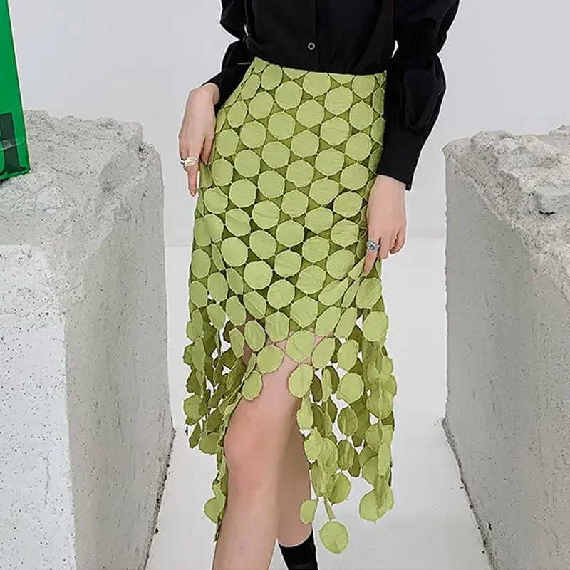 

Korean All-match Chic Hollow Out Spliced Skirt Summer Women's Clothing Fashion High Waist Solid Color Tassel Skirt Female P141