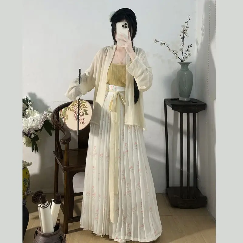 مجموعة Song Hanfu الأصلية - بلوزة نسائية بأكمام هوائية مع تنورة مطوية من قطعة واحدة، أزياء نسائية صينية تقليدية قديمة