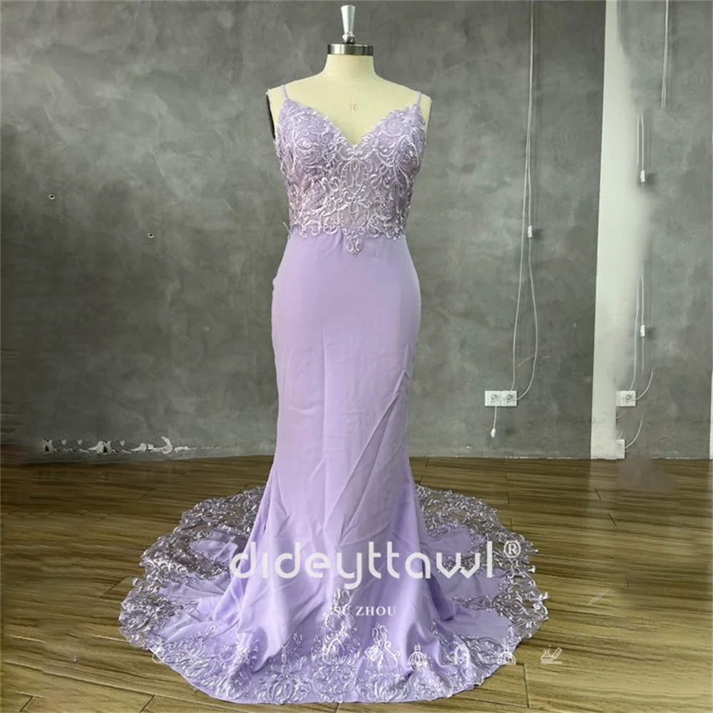 

DIDEYTTAWL Real Picture Customized Spaghetti Strap V-Neck Bridal Gown Lace Embroidery Tulle Fabric Backless Sweep Train Newest