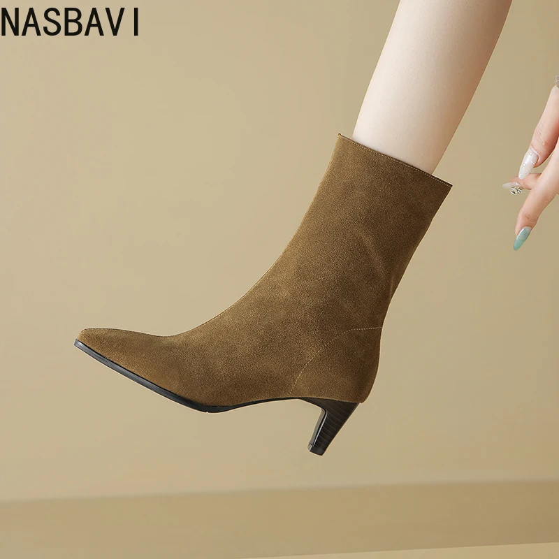 

NASBAVI 2026 Fashion Women Ankle Boots Cow Suede High Heels Square Toe Autumn Western Shoes Zipper Lady Winter Short Boots 34-43