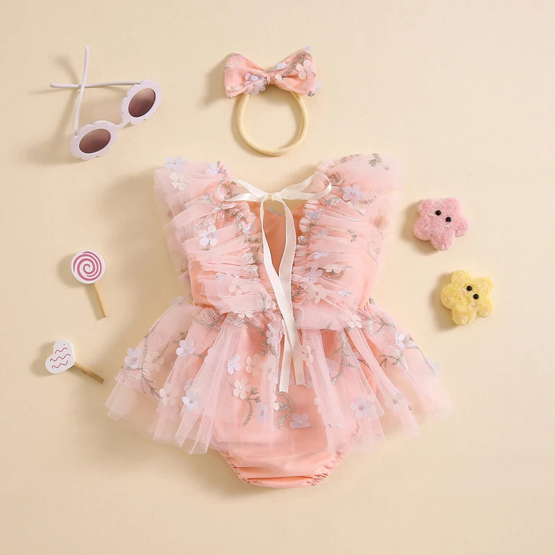 Baby Clothing Girl Rompers Dress Summer Flower Embroidered Tulle Jumpsuit And Bowknot Headband Clothes Newborn Set