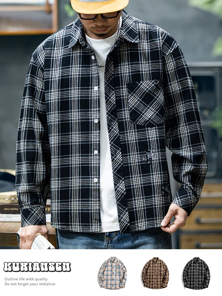 Loose Fit Men's Plaid Shirt Long Sleeve Tear Casual Outerwear Spring Autumn Cotton Youth Wear Torn Hole Design Color Woven