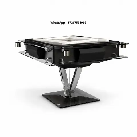 Matte Black Lacquer Wood Mahjong Table with Grey Glass Surface Automatic Tile Feeding for Indoor Game Room Furniture