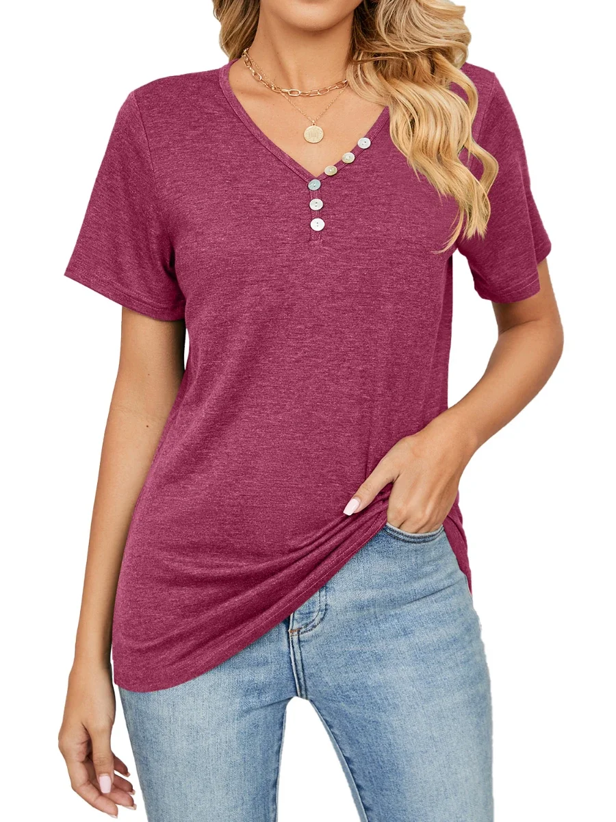 

Women's Short Sleeve Button V Neck T Shirt, Tops