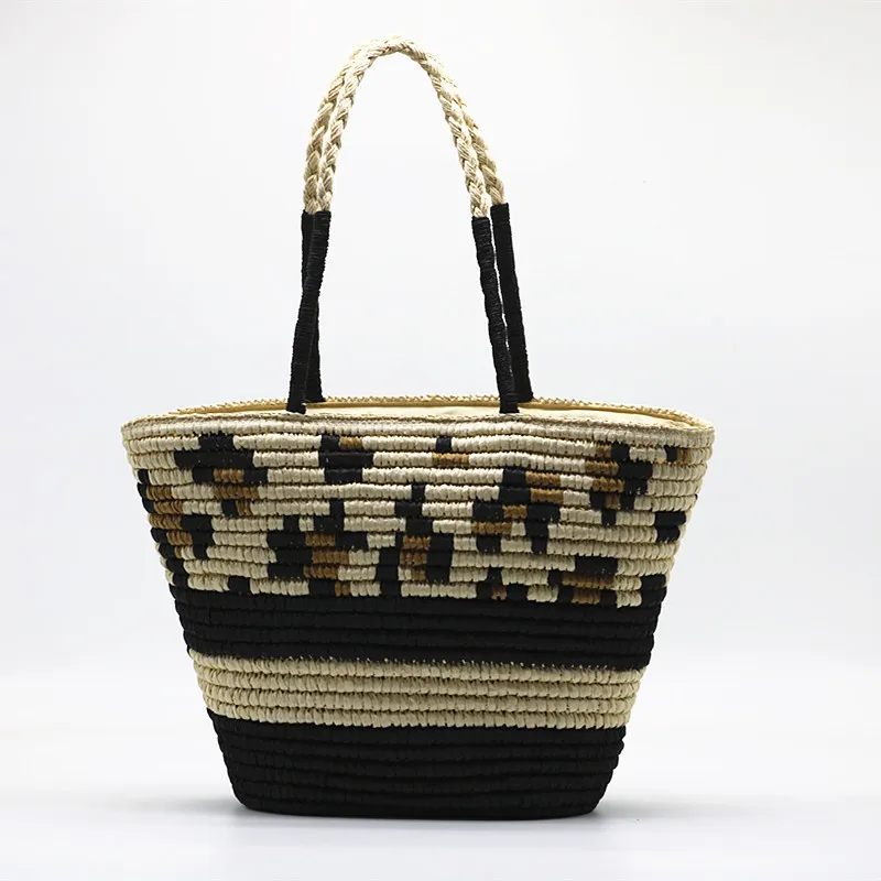 Elegant Ladies Straw Woven Leopard print Handbag Women Holiday Beach Casual Tote Top-Handle Bags Fashion Retro Shoulder Bags