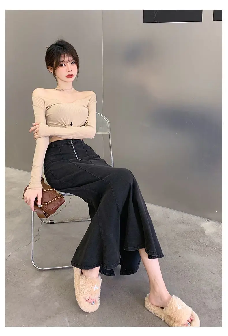 2026 Solid Slimming High Waist Midi A- Line Skirt Woman Trumpet Sides for Women Denim Half-length Skirt with Flounce