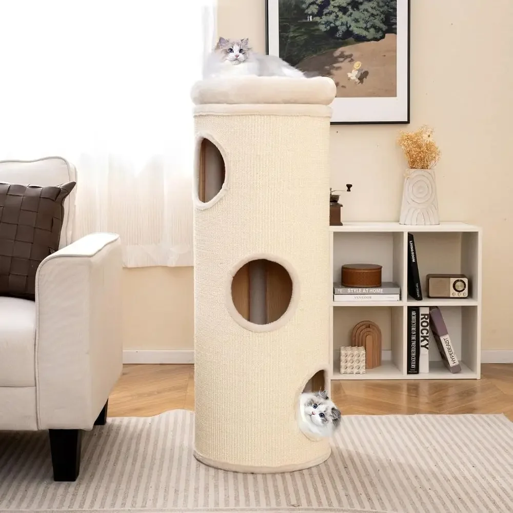 49 Barrel-Shaped Cat Condo with Scratching Board, 3 Hideaways, Removable Top and Plush Bed