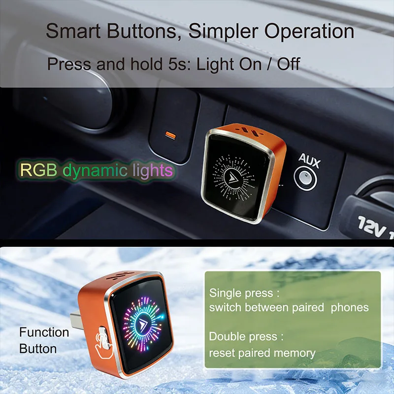 New RGB Colorful Light Intelligent Button Wireless CarPlay Adapter for Apple iPhone ＆Android Auto 2 in 1