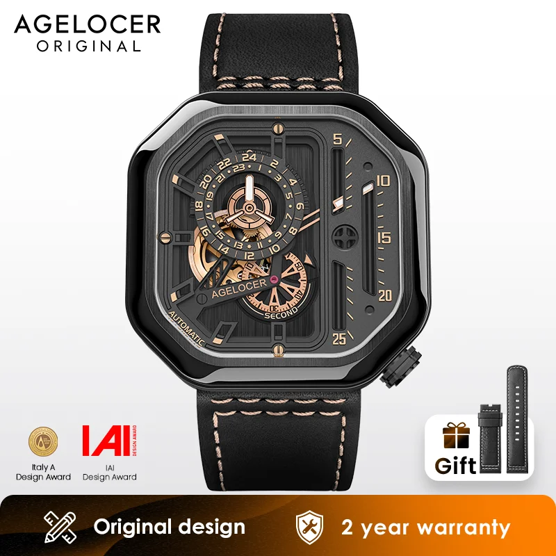 AGELOCER Original Racing Watch Men\'s Square Luminous Skeleton Automatic Mechanical Watch Birthday Gift for Men