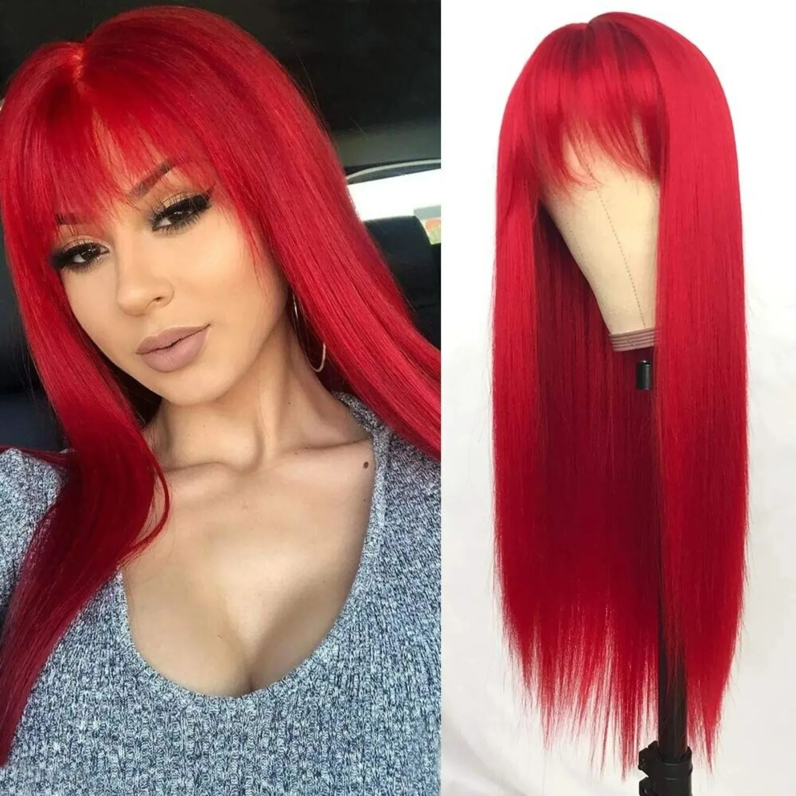 US Long Straight Red Wigs with Full Neat Bangs, Heat Resistant Synthetic Hair, Cosplay