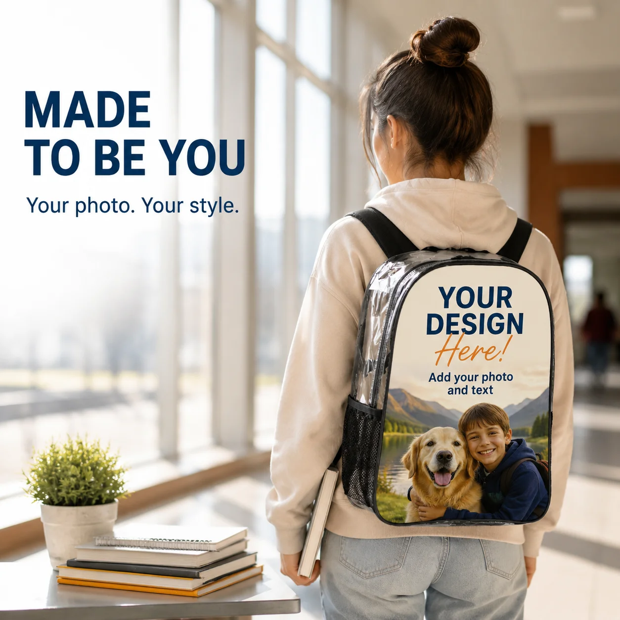 Custom Clear PVC Transparent Backpack DIY Personal Photo Print Stadium Approved Side Mesh Pocket Waterproof School Bag