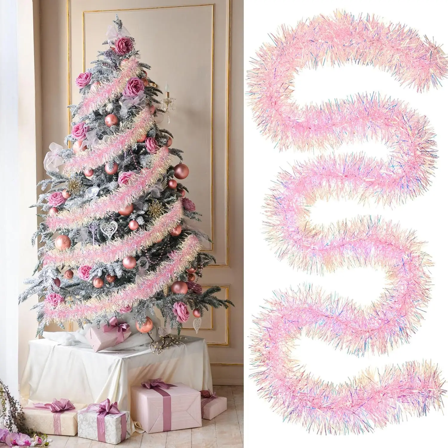 

1pc 2M Pink Tinsel Garland Shiny Metallic Glitter Party Decoration for Christmas Valentine Wedding Birthday Holiday Home Decor