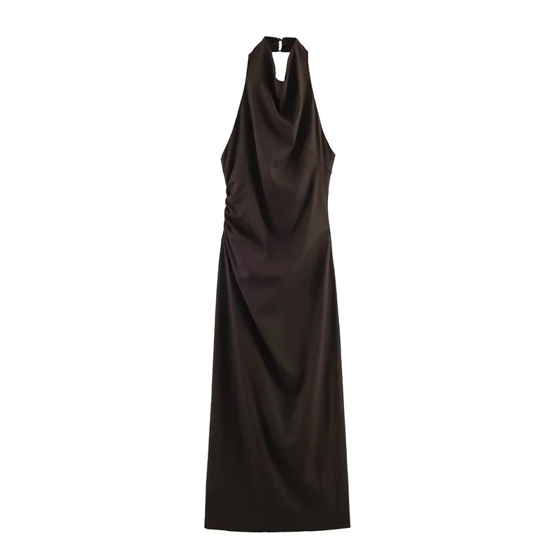 

2026 Summer New Style Women's Dress Brown Halter Neck Sleeveless Midi Dress Elegant and Fashionable Sexy