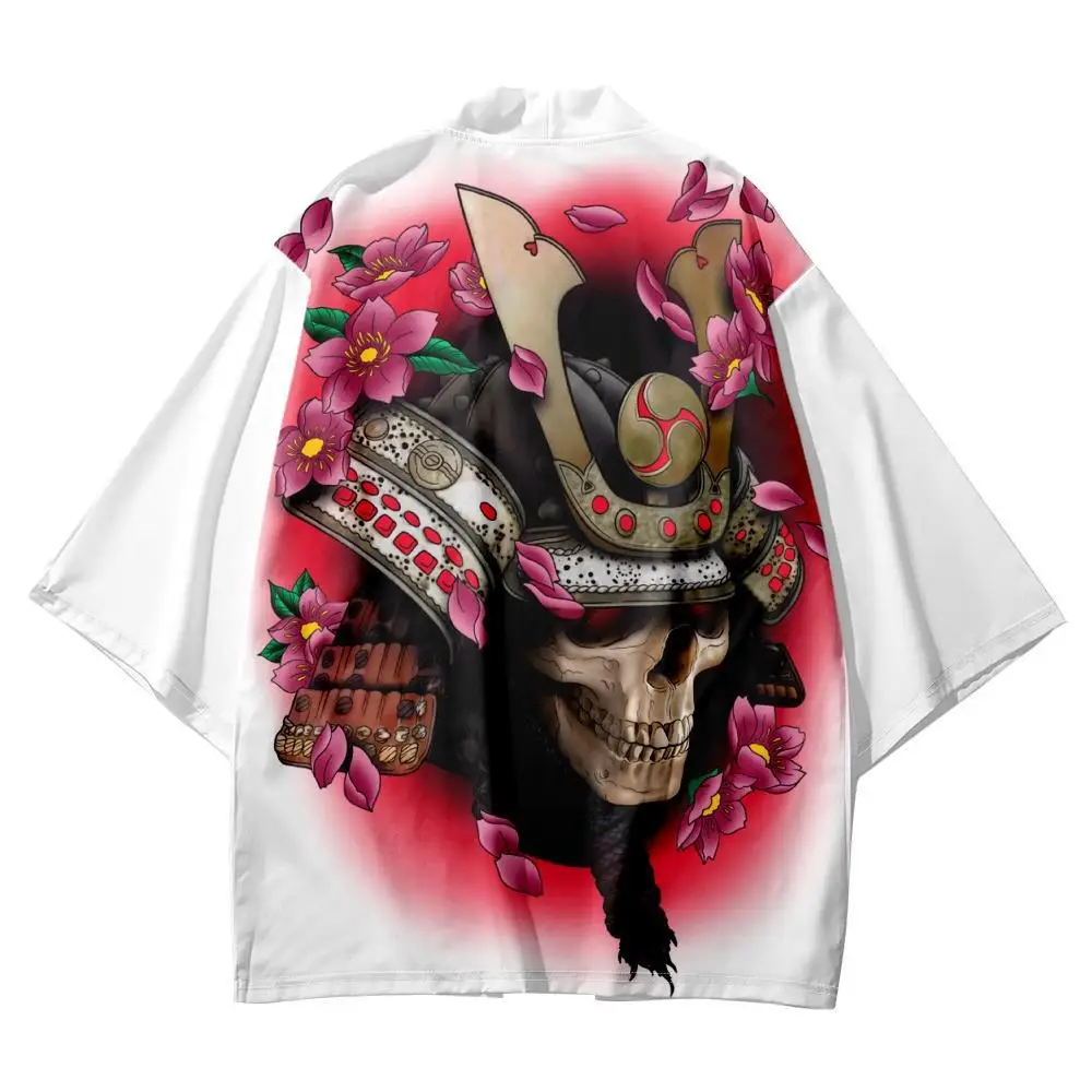 

Japanese Skeleton Samurai Print Kimono Cosplay Haori Obi Women Men Cardigan Beach Yukata Traditional Asian Clothing Plus Size