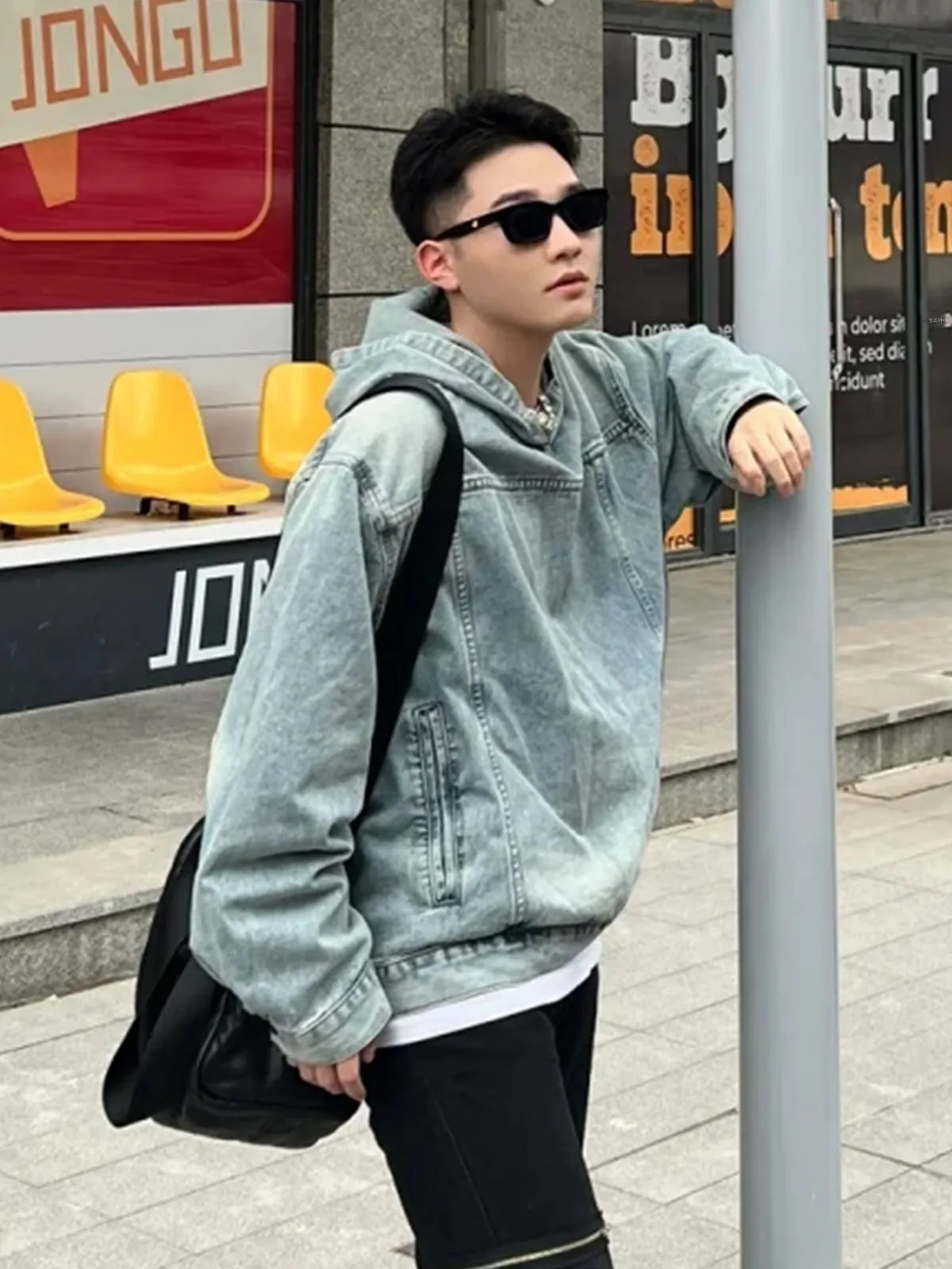 Street  Design Washed Hood Denim Hoodie Men's Oversize Loose Hooded T-shirt Jacket Top Fashion