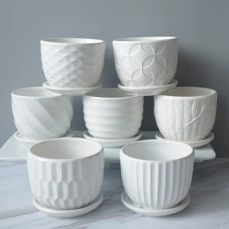 White Ceramic Flowerpot, Succulent Plant Flowerpot, Small Flower Holder, Pure White Striped Flowerpot