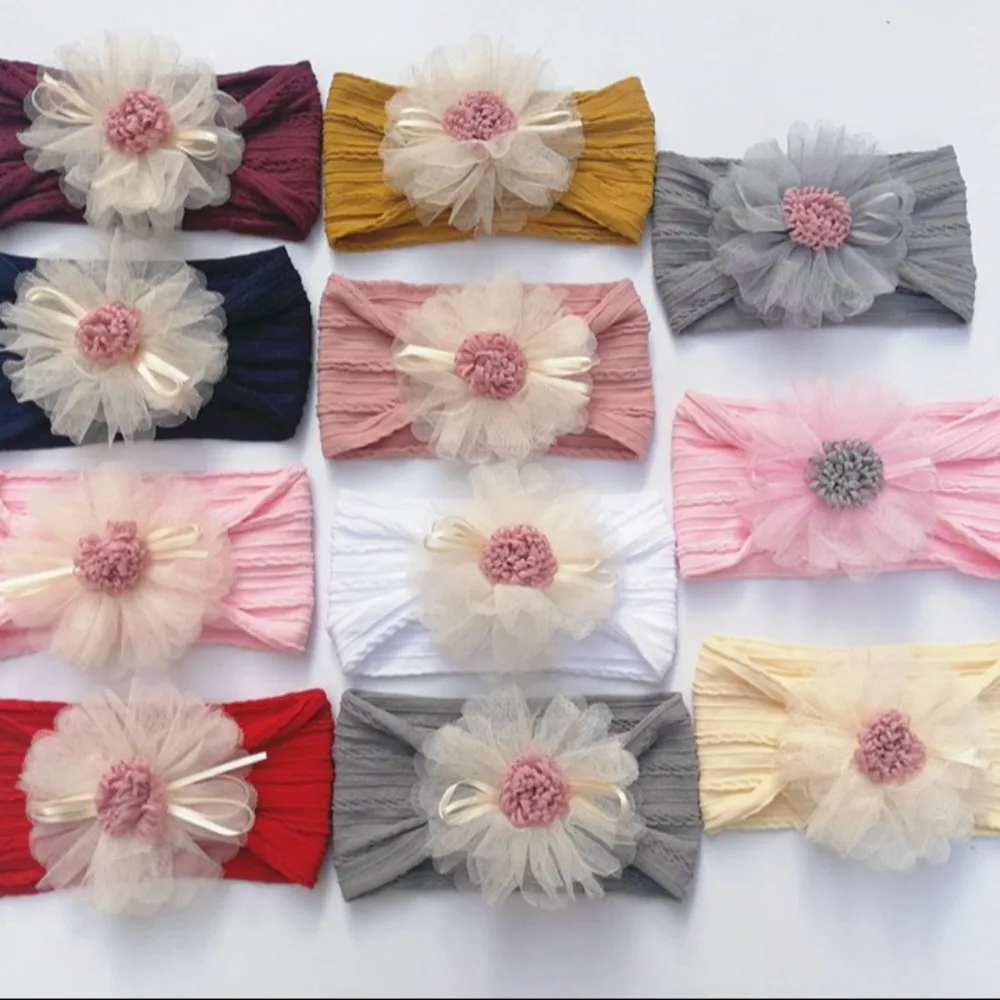 Kid Headdress Mesh Flower Headband Soft Stretchy Infant Baby Headband Knot Wide Hairband Outdoor Party