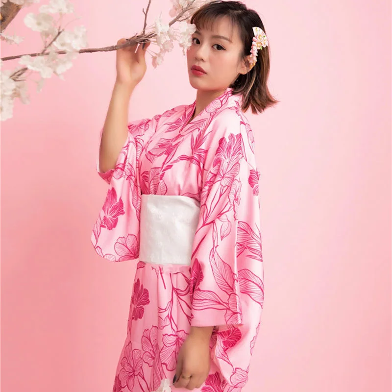 

Women Japanese Style Yukata Traditional Kimono with Obi Bathrobe Retro Flower Printed Photography Clothes Elegant Party Dress