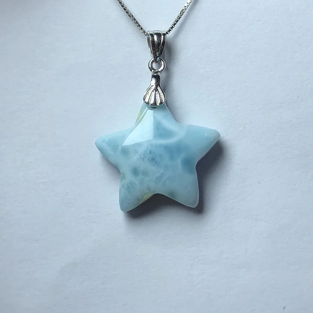 Natural Larimar Ribbon Pentagonal Star Drop 925 Silver Natural Stone Blue Larimar Star Female Drop Gift