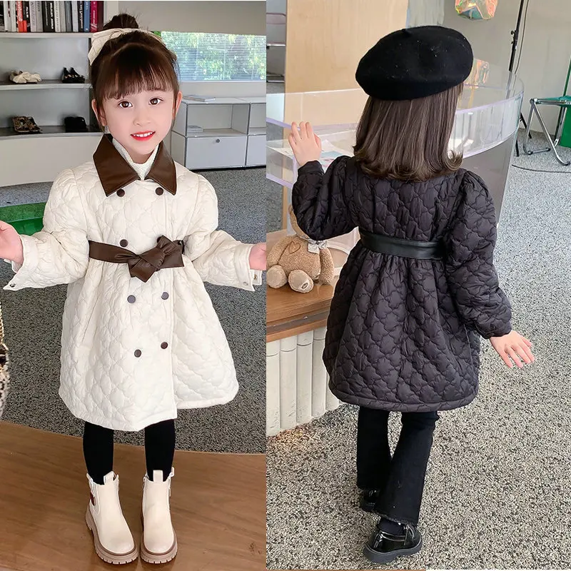 Girls' Cotton-padded Clothes PU Leather Splicing Padded Cotton Thickened Outerwear Light Jacket 2024 Autumn Winter New Children