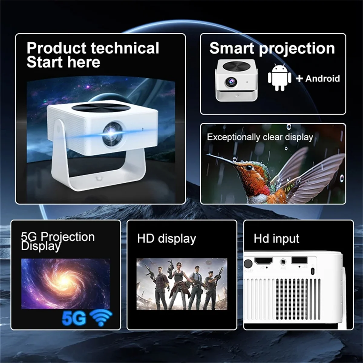 

2024+ проектор 4K T1pro 250 ANSI Android 13 двухдиапазонный WiFi6 BT5.0 автоматический портативный уличный проектор для домашнего кинотеатра США