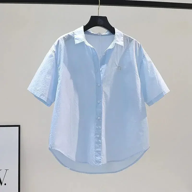 

Cute Korean Thin Embroidery Blouse Summer New Short Sleeve Polo Neck Loose Fashion Shirt Tops Preppy Style Trend Women Clothing