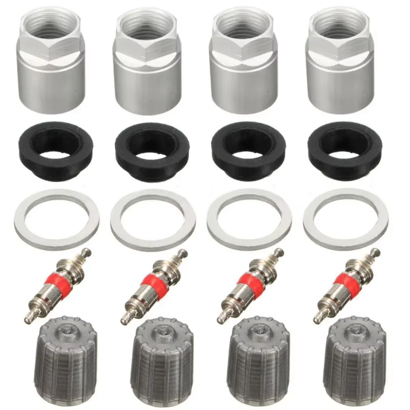 4 Sets Car Tire Pressure Sensor Monitor Valve Stem Cap Rebuild TPMS Service Repair Kit with Nut Valve Cap Gasket Car Accessories