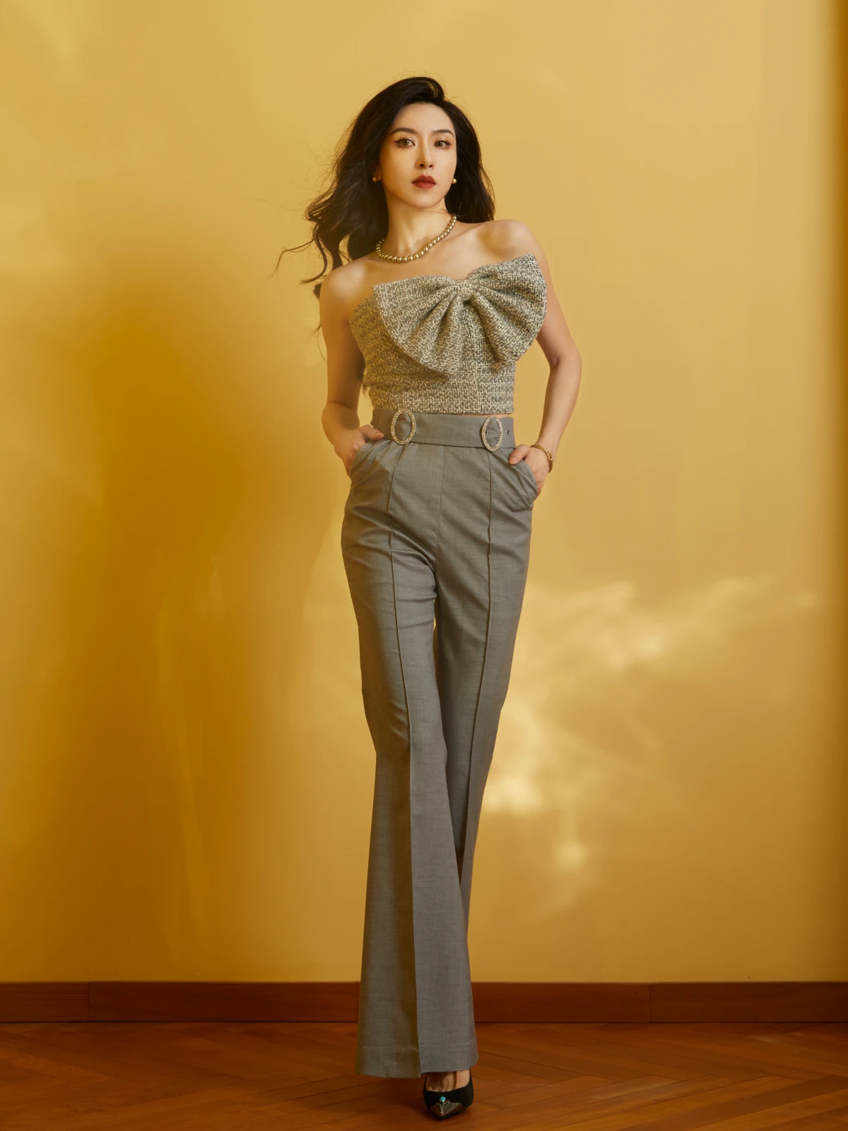 

High Waist Slimming Commute Sle Micro Flared Pants Belt Decorated Premium Wool Blend Long Trousers Tee Colors