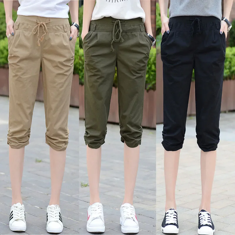 

Женские однотонные повседневные брюки, лето 2026, большие размеры 3XL, с высокой талией, эластичные, женские брюки-шаровары, женские брюки средней длины