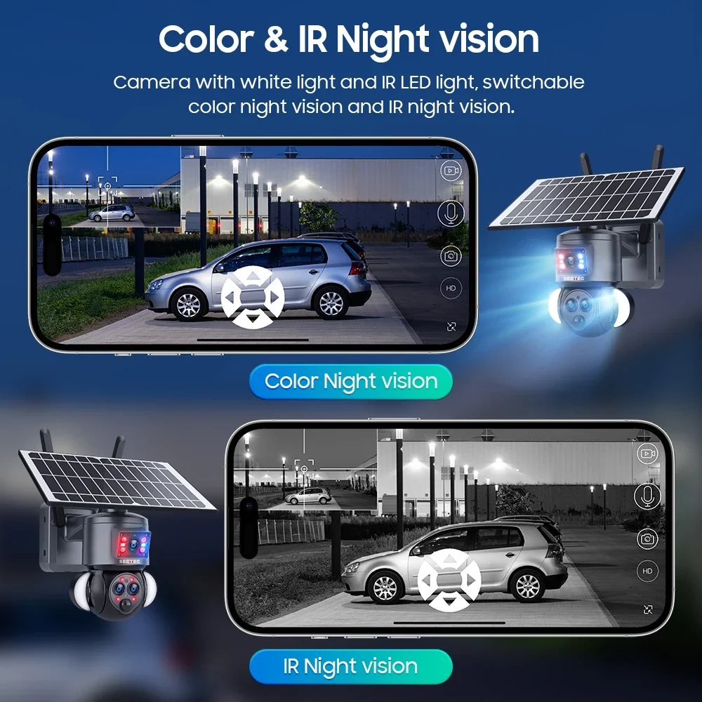 SECTEC Three Lens Dual View PTZ Outdoor Night Vision 4G Solar Power Security IP Camera 6MP 15X Zoom Solar Battery CCTV Camera