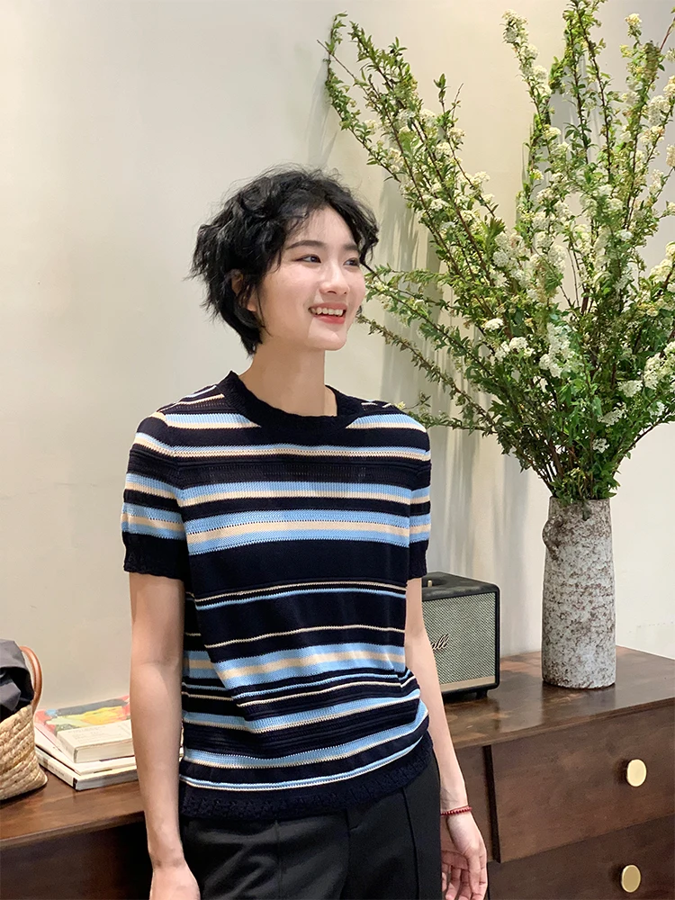 

Zhou Xiaoya round Ne Striped Трикотажная футболка ort Sve Шелковая женская повседневная дизайнерская летняя футболка Легкий влажный ng