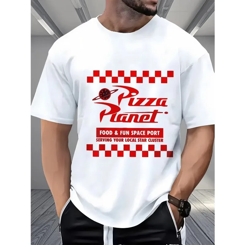 Featuring A Pizza Planet Design Red Checkered Pattern with A Rocket-shaped Pizza Slice Logo Men and Women Casual Cotton T-Shirt