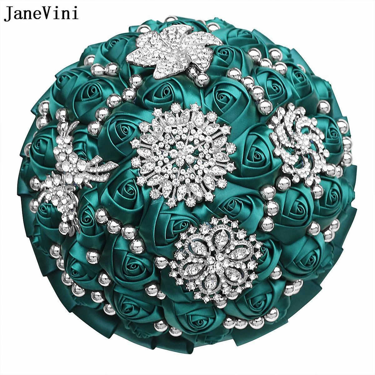 

JaneVini Dark Green Bridal Bouquets Sparkly Silver Rhinestones Artificial Satin Roses Bride Flowers Bouquet Wedding Accessories