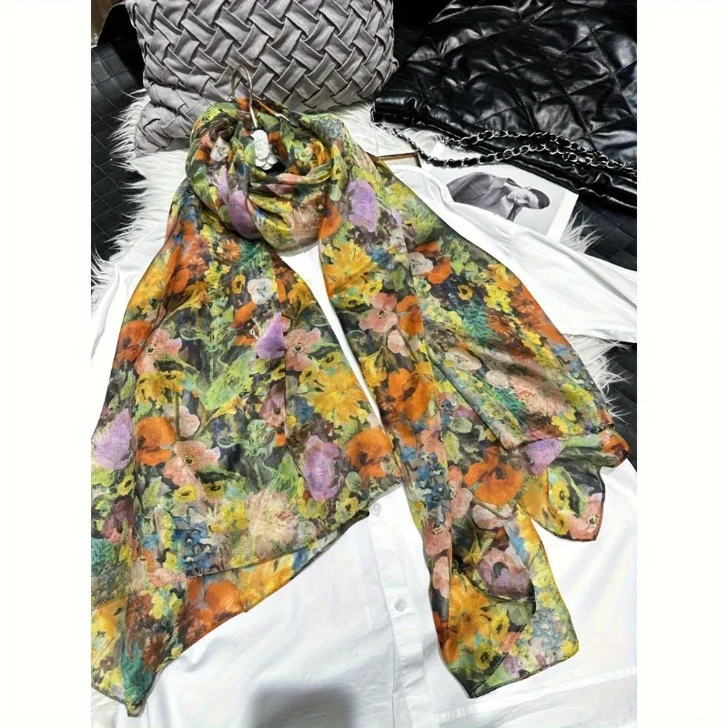 

Lightweight Large 100% Mulberry Silk Scarf for Women Oblong Shawl Neck Scarf Beach Wrap Headscarf Gift Pack Orange Floral Print