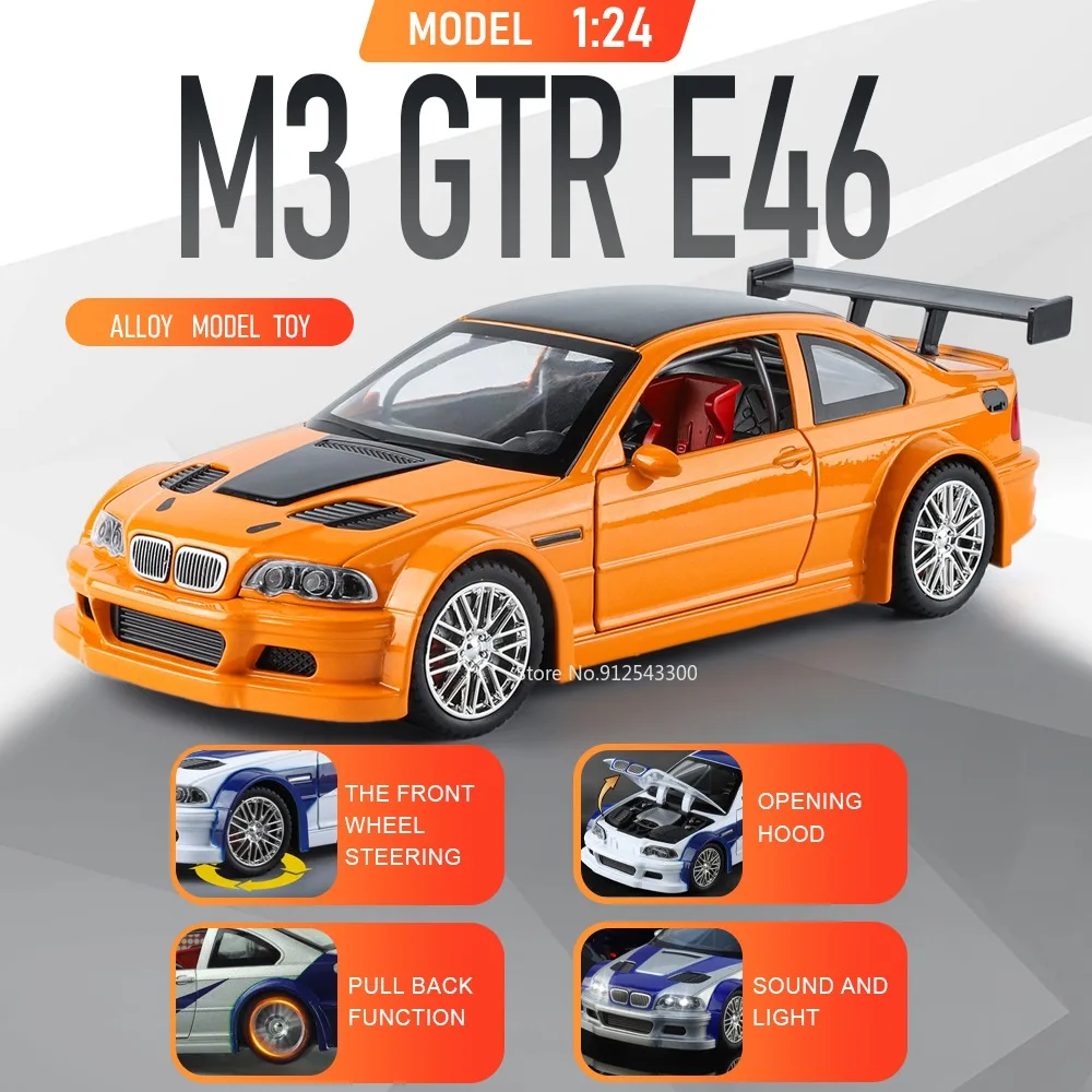 

1:24 Scale M3 GTR E46 325li Model Car Toy Doors Opened Alloy Body Cars Shock Absorption Sound Light Models for Children Presents
