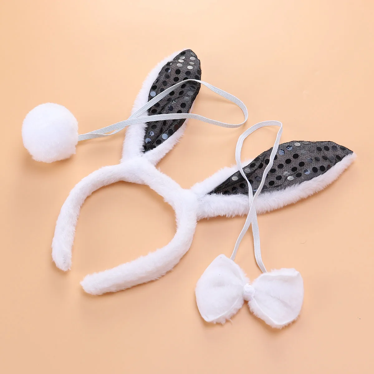 3개 세트 토끼 귀 머리띠 꼬리 나비넥타이 세트 어린이 생일 파티 의상 액세서리 검정 토끼 귀 머리띠 나비넥타이